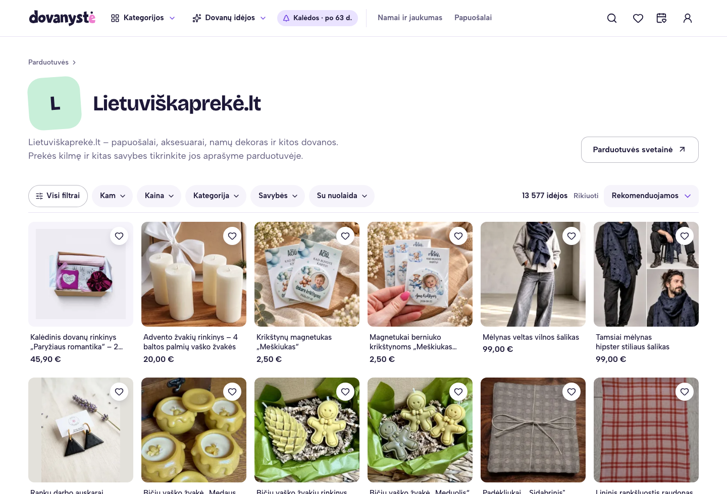„Lietuviška prekė“ parduotuvės puslapis „Dovanystėje“ su gaminių pasiūlymais ir pasirinkimo filtrais.