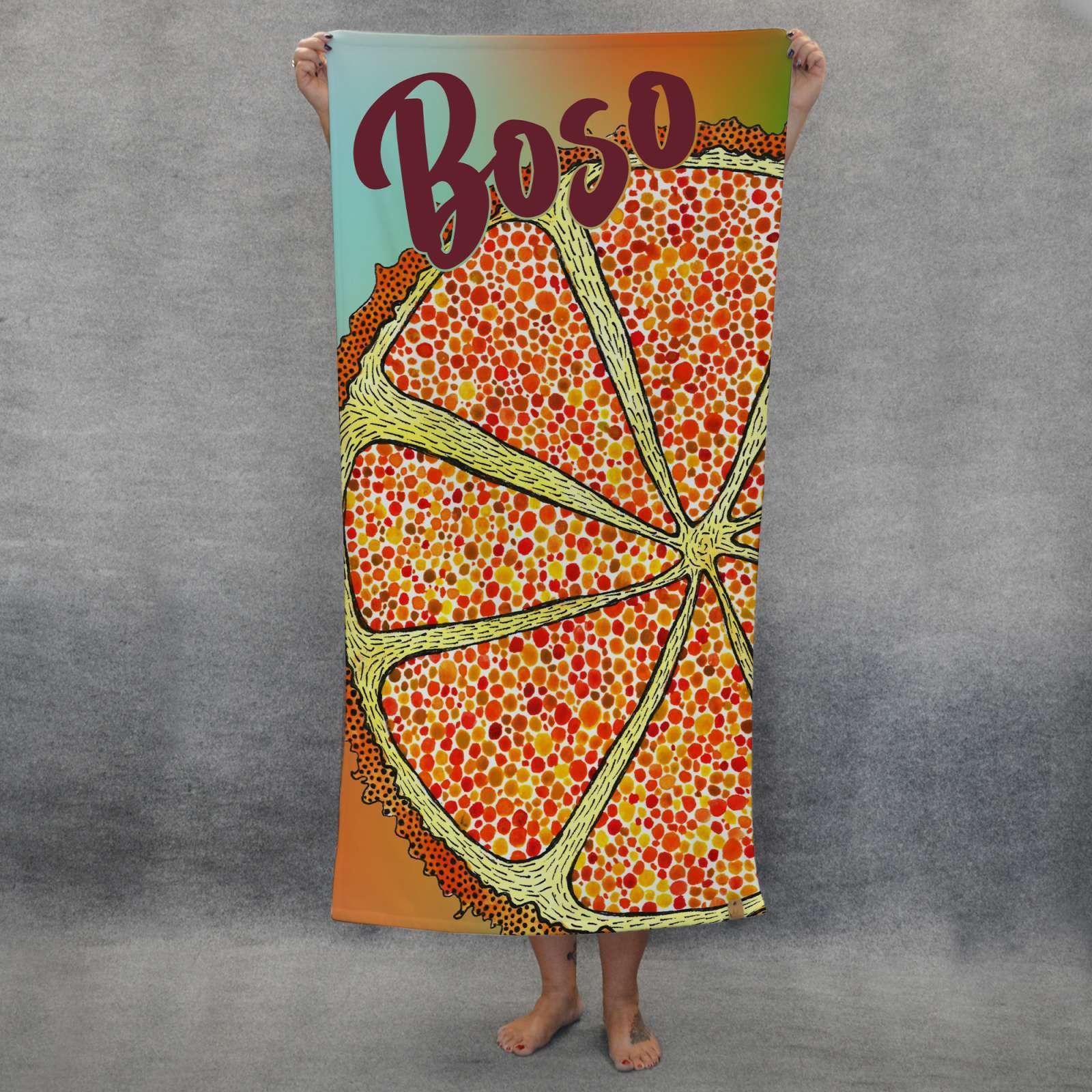 Apelsinu iliustruotas BOSO rankšluostis (S, L, XL)