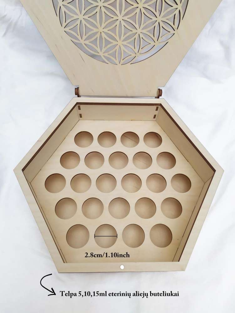 Medinė dėžutė eteriniams aliejams (24 buteliukams) ''Flower of life''