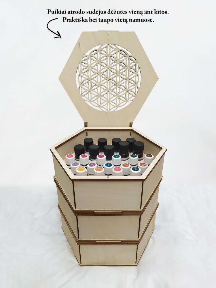 Medinė dėžutė eteriniams aliejams (24 buteliukams) ''Flower of life''