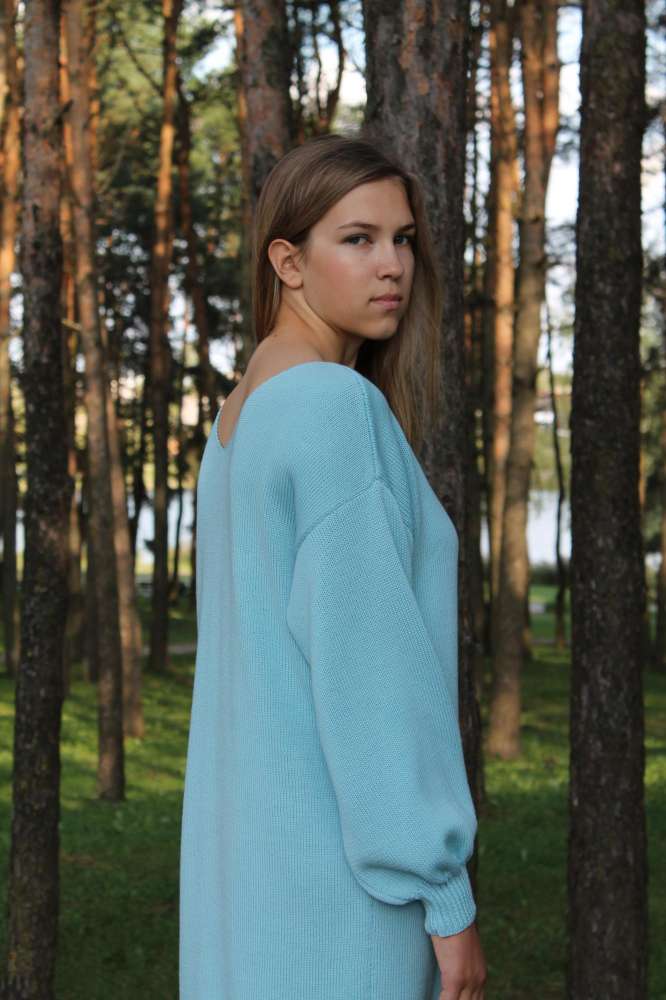 Šviesiai mėlyna megzta suknelė, Merino vilnos suknelė moterims, Oversized suknelė ilgomis rankovėmis