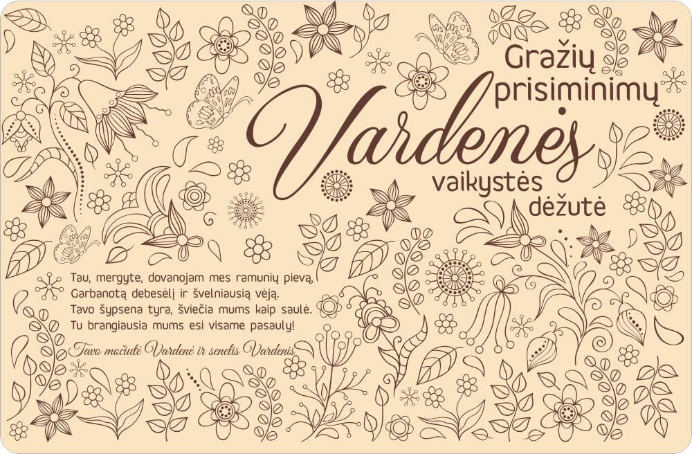 Vardinė medinė dėžė vaikystės ar krikštynų prisiminimams saugoti ŽYDINTI PIEVA