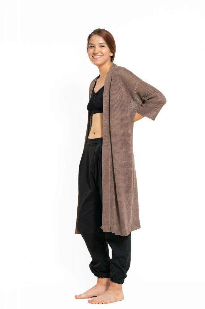 Megztas lininis megztinis, Lininis paplūdimio megztinis, ilgas kakavinis megztinis vasarai, Boho minimalistinis vasaros megztinis