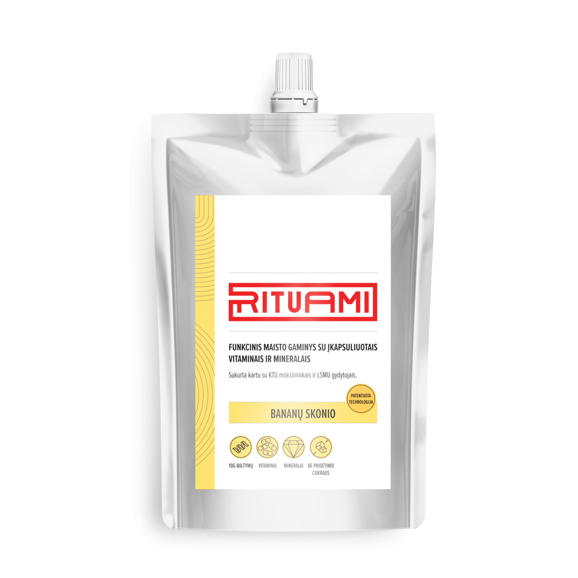 „RITUAMI“ funkcinis maisto produktas su įkapsuliuotais vitaminais ir mineralais. Bananų skonio