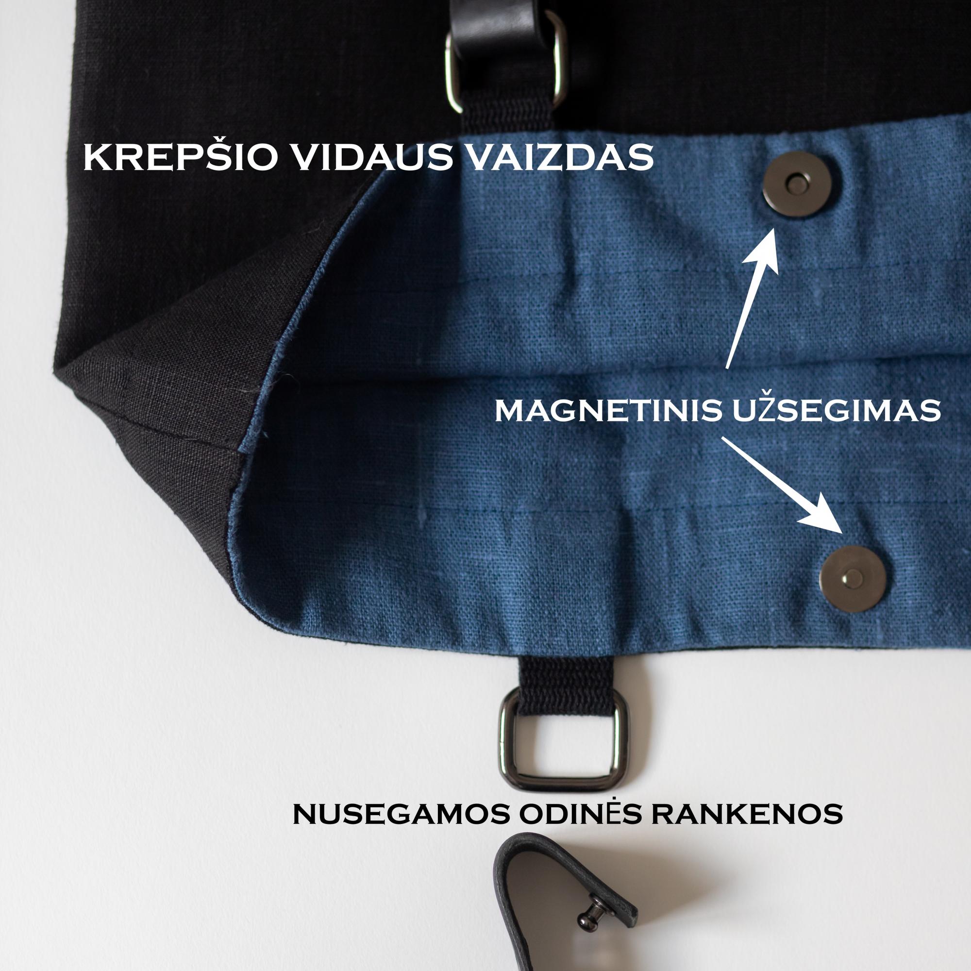Juodas didelis krepšys su odinėmis rankenomis ir siuvinėtu narcizų dizainu
