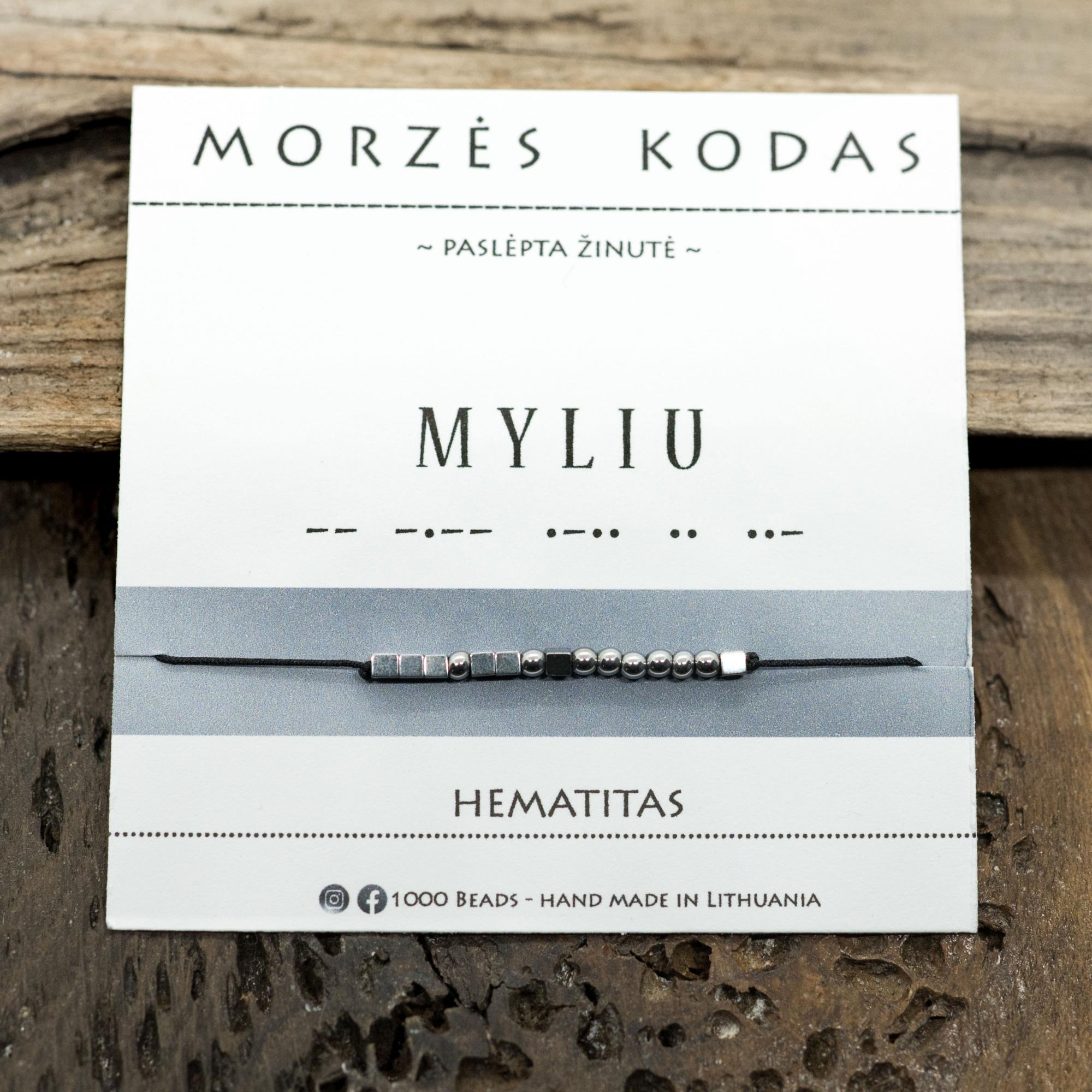 Juodo / raudono siūlo apyrankė Morzės abėcėle „Myliu“, sidabro spalvos