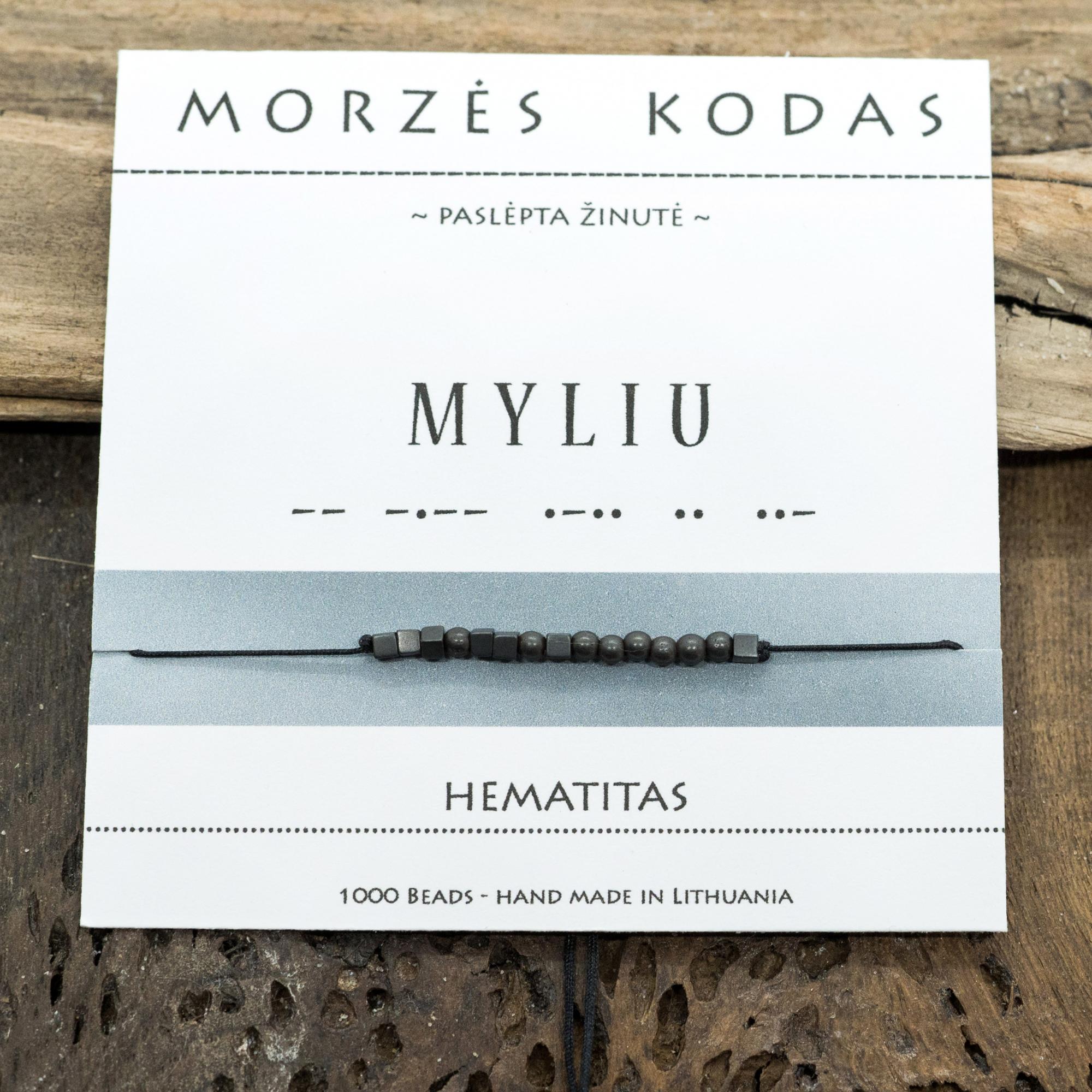 Juodo / raudono siūlo apyrankė Morzės abėcėle „Myliu“, juoda matinė.
