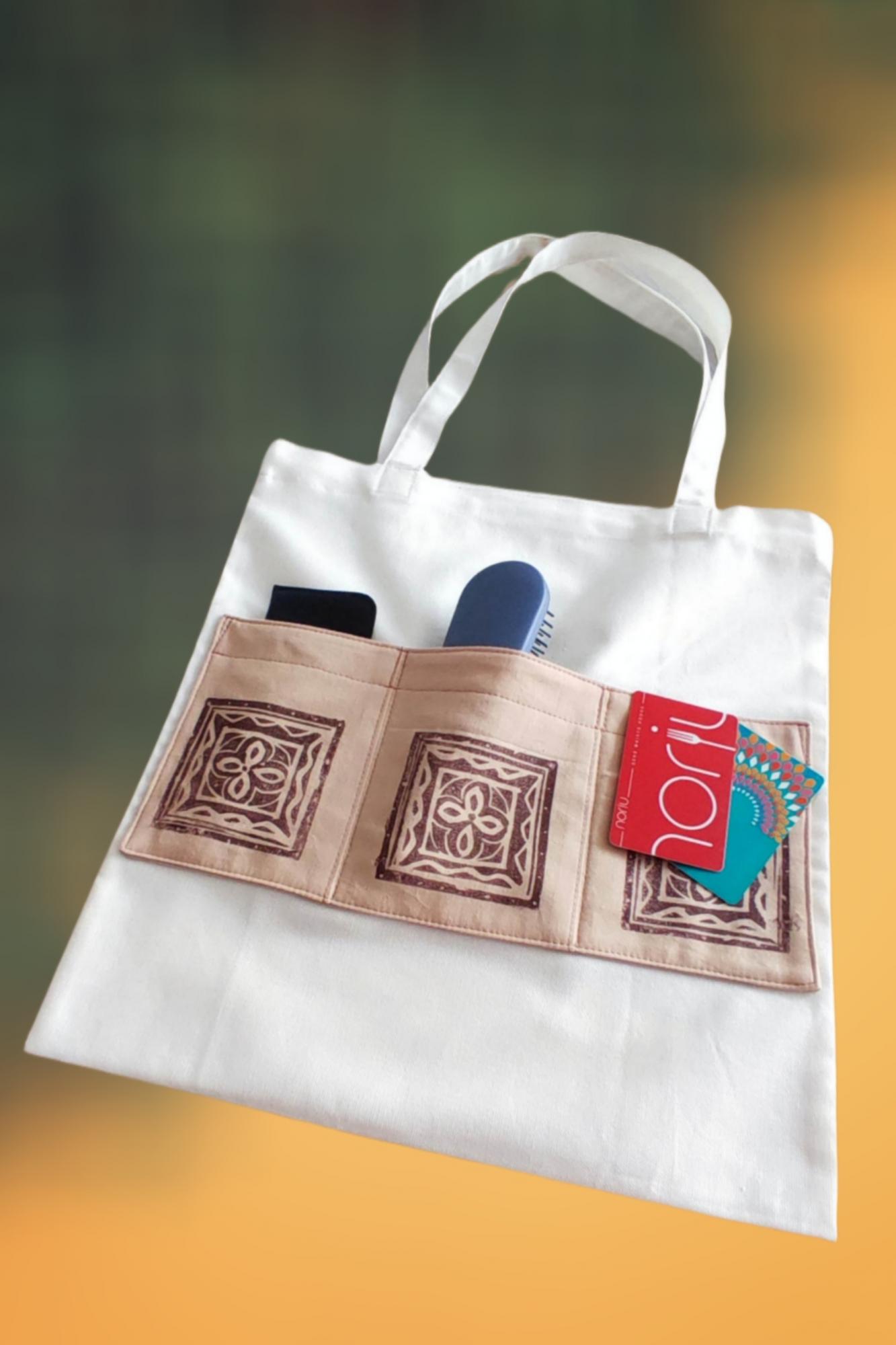 Medvilninis Krepšys Su Kišenėmis/Dekoruotas Rankų Darbo Ornamentine Tapyba Ant Tekstilės/Pirkinių Krepšys/Medžiaginė Tašė/Tote Bag/Maišelis/Shoper