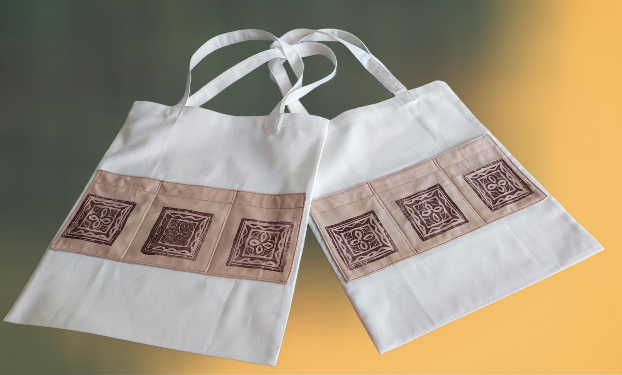 Medvilninis Krepšys Su Kišenėmis/Dekoruotas Rankų Darbo Ornamentine Tapyba Ant Tekstilės/Pirkinių Krepšys/Medžiaginė Tašė/Tote Bag/Maišelis/Shoper