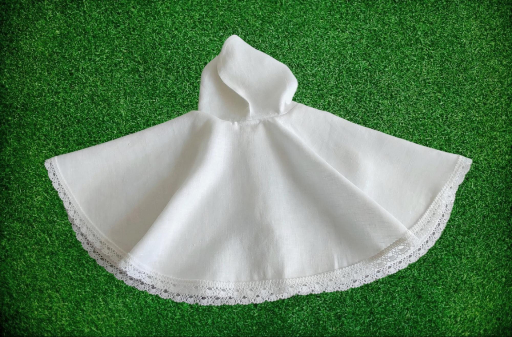 Nėriniuota Lininė Krikšto Skraistė Su Gobtuvu Be Gobtuvo/ Baltas Apsiaustas Berniukams Mergaitėms/ Surišama Pelerina Apeigoms / Removable Collar Baptism Cape