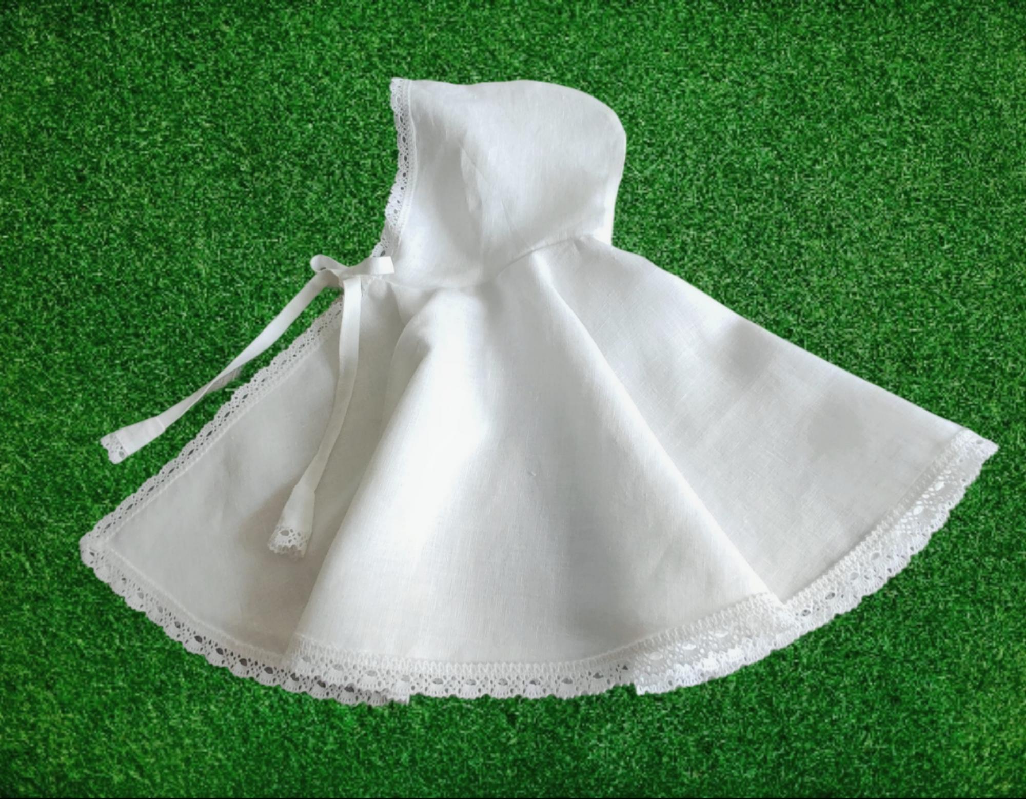 Nėriniuota Lininė Krikšto Skraistė Su Gobtuvu Be Gobtuvo/ Baltas Apsiaustas Berniukams Mergaitėms/ Surišama Pelerina Apeigoms / Removable Collar Baptism Cape
