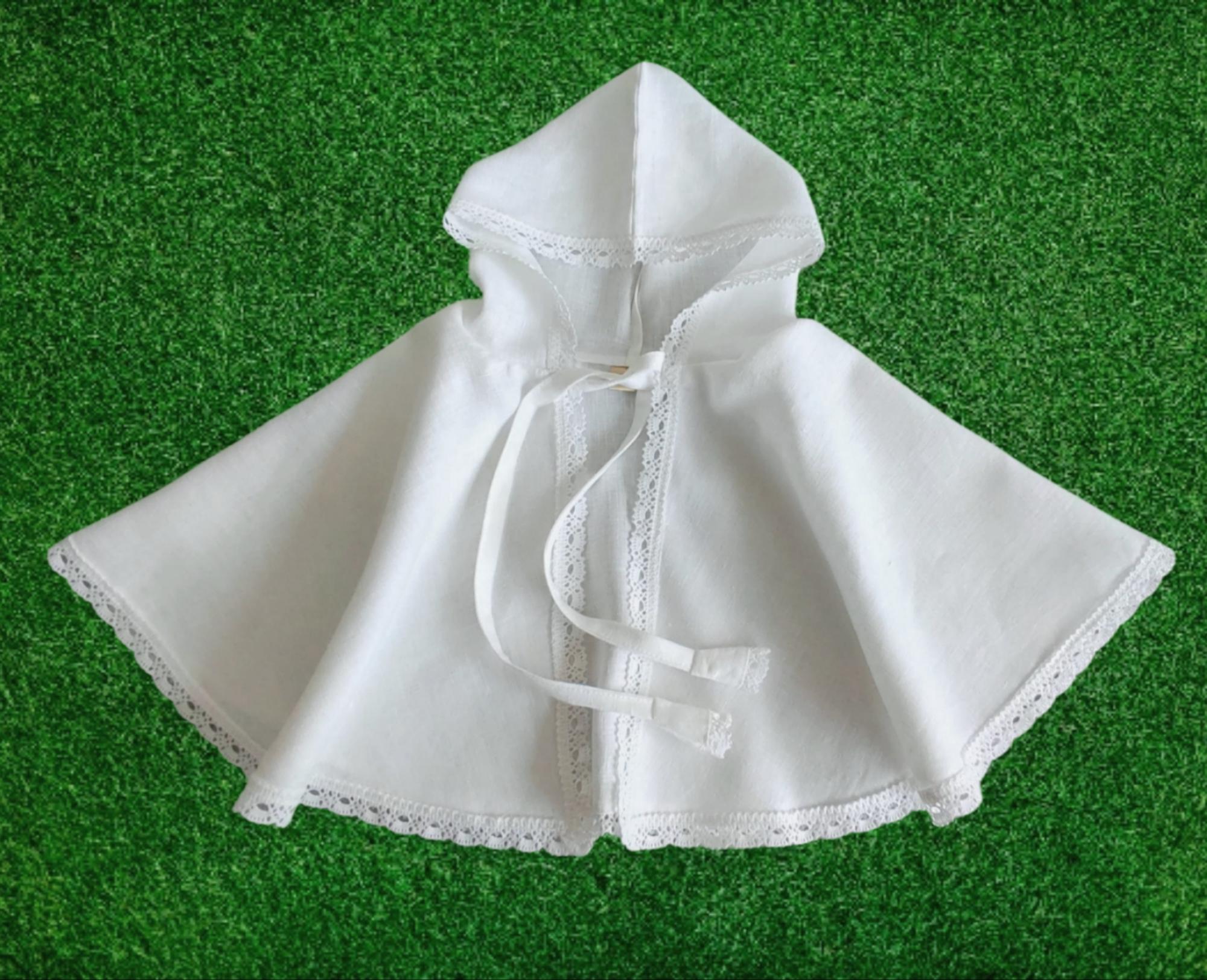 Nėriniuota Lininė Krikšto Skraistė Su Gobtuvu Be Gobtuvo/ Baltas Apsiaustas Berniukams Mergaitėms/ Surišama Pelerina Apeigoms / Removable Collar Baptism Cape