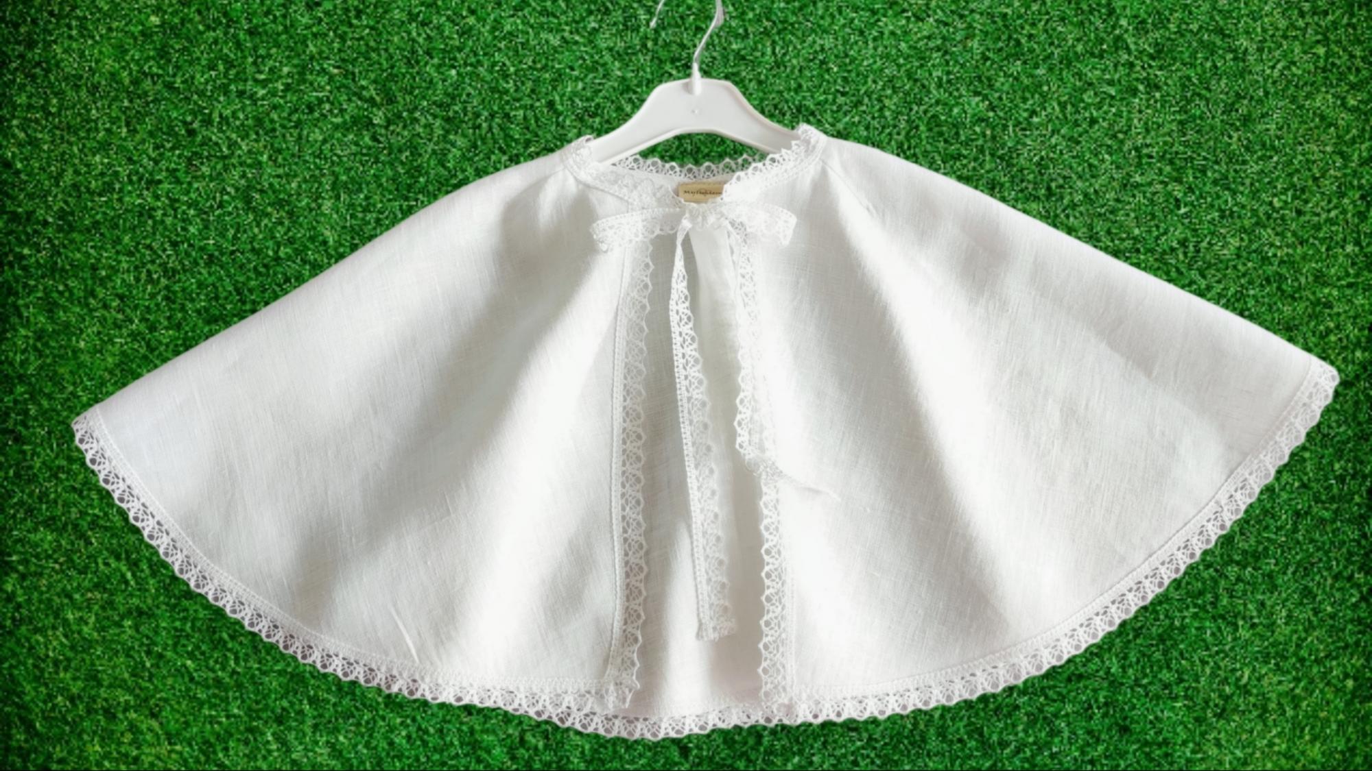 Nėriniuota Lininė Krikšto Skraistė Su Gobtuvu Be Gobtuvo/ Baltas Apsiaustas Berniukams Mergaitėms/ Surišama Pelerina Apeigoms / Removable Collar Baptism Cape