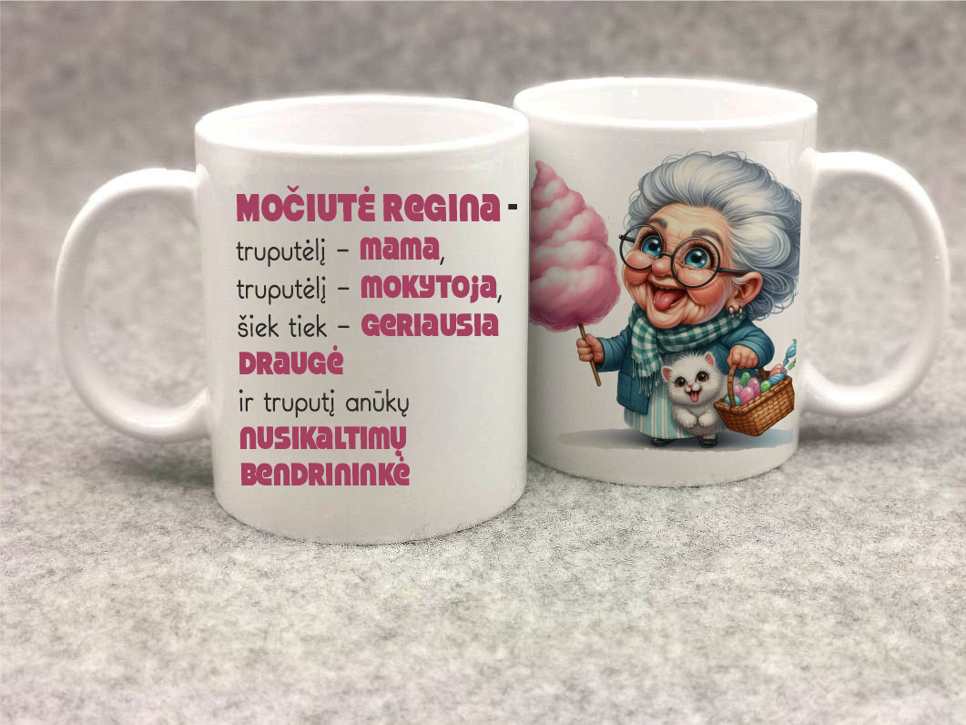 Spalvotas puodelis „Močiutė – nusikaltimų bendrininkė”