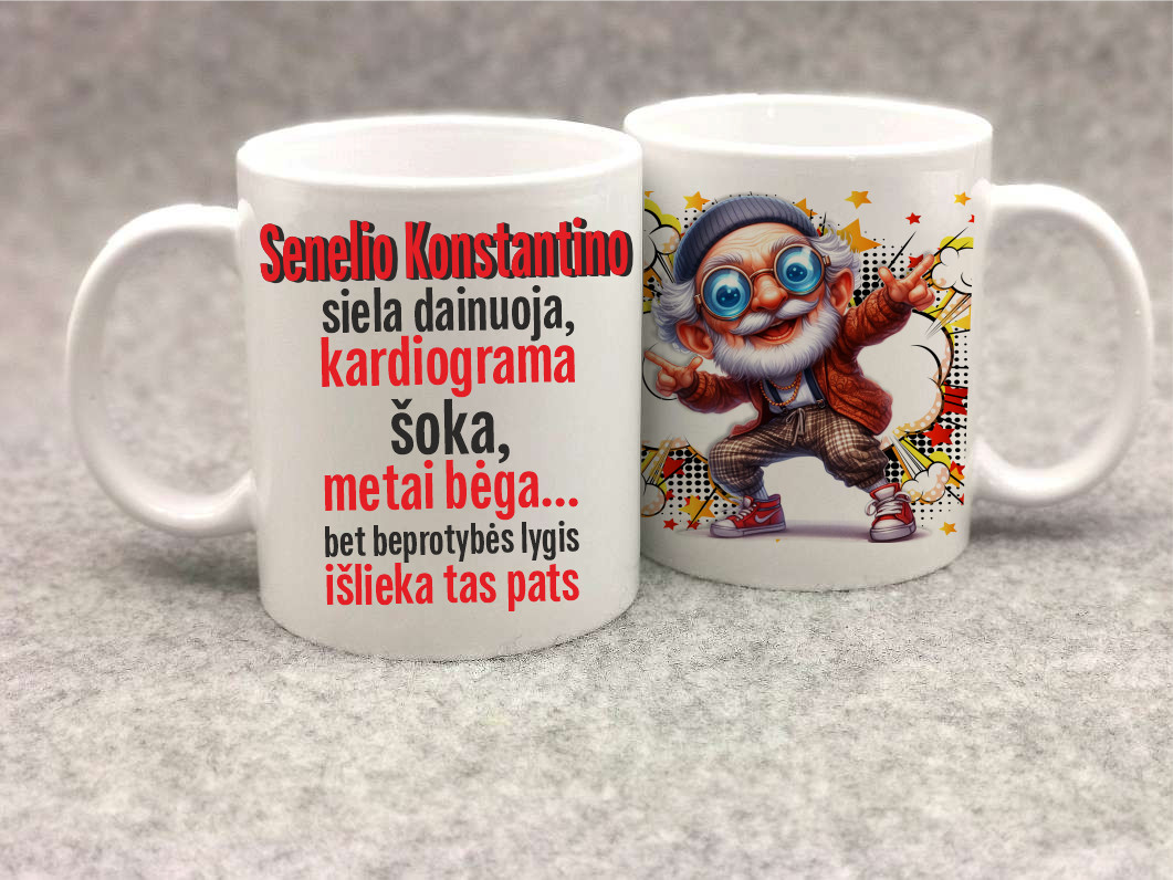 Spalvotas puodelis „Šėlstantis senelis”