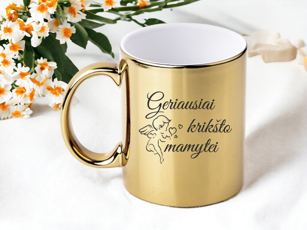 Aukso spalvos veidrodinis puodelis su angeliuku „Geriausiai Krikšto mamytei“