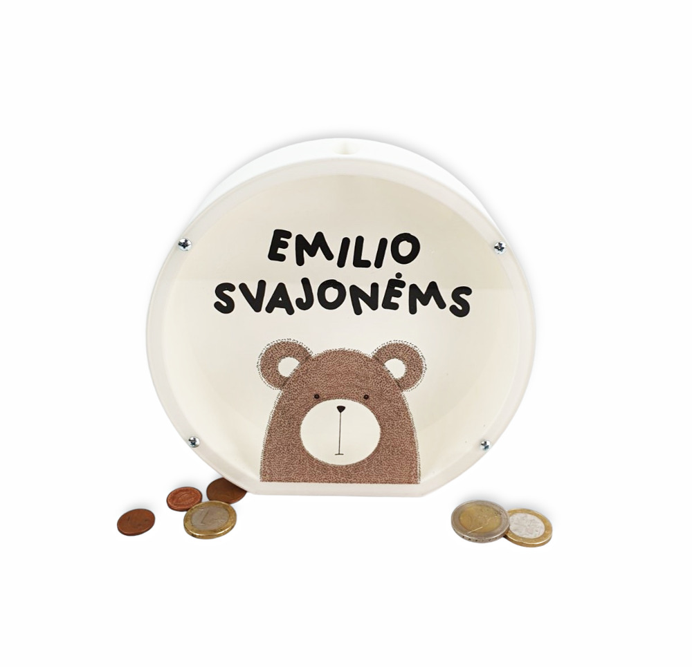 3D Taupyklė Apvali Meškiukas „Emilio svajonėms“ (Su jūsų pasirinktu vardu)