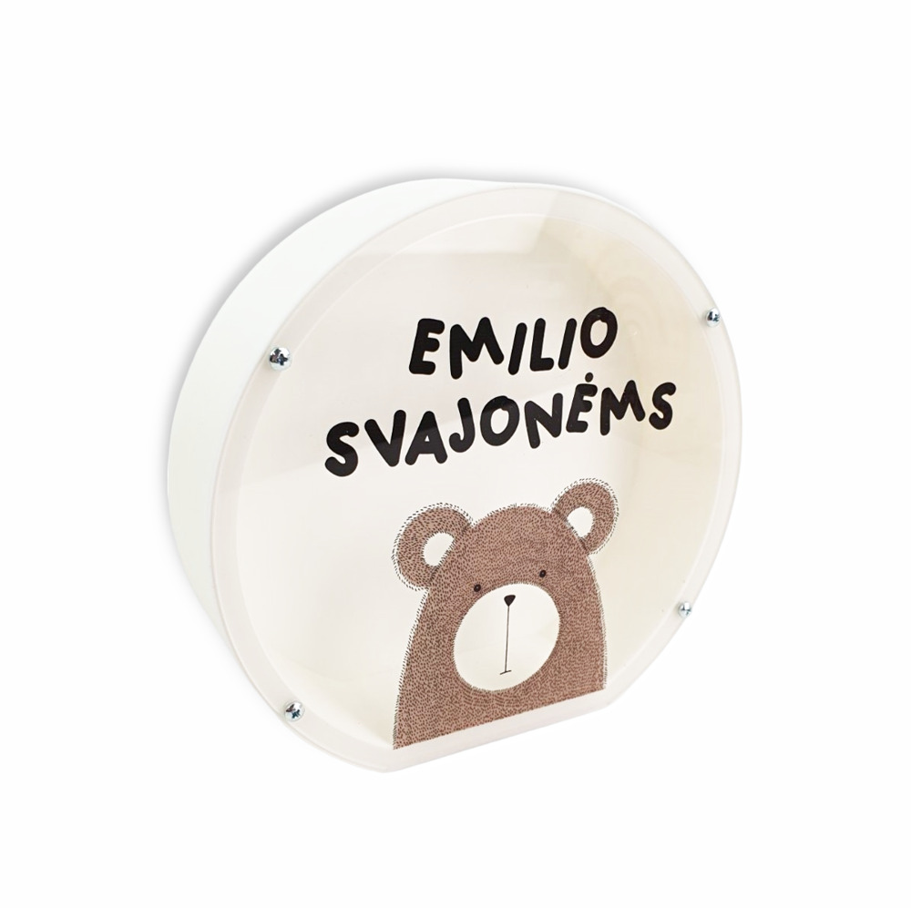 3D Taupyklė Apvali Meškiukas „Emilio svajonėms“ (Su jūsų pasirinktu vardu)
