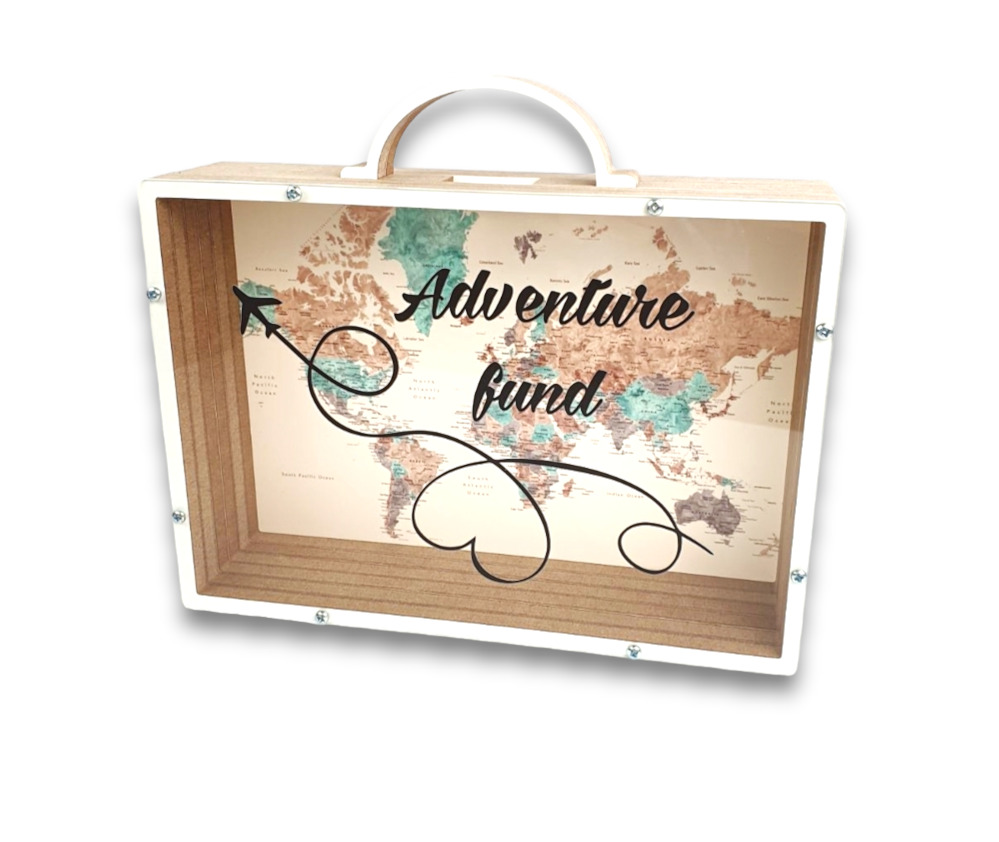 Balta, medinė taupyklė lagaminas „Adventure fund“