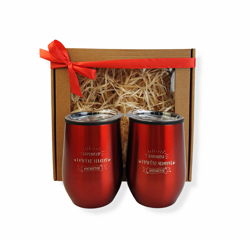 Dovanų rinkinys su kelioniniais puodeliais „Geriausia krikšto mamytė ir geriausias krikšto tėvelis“ (350ml)