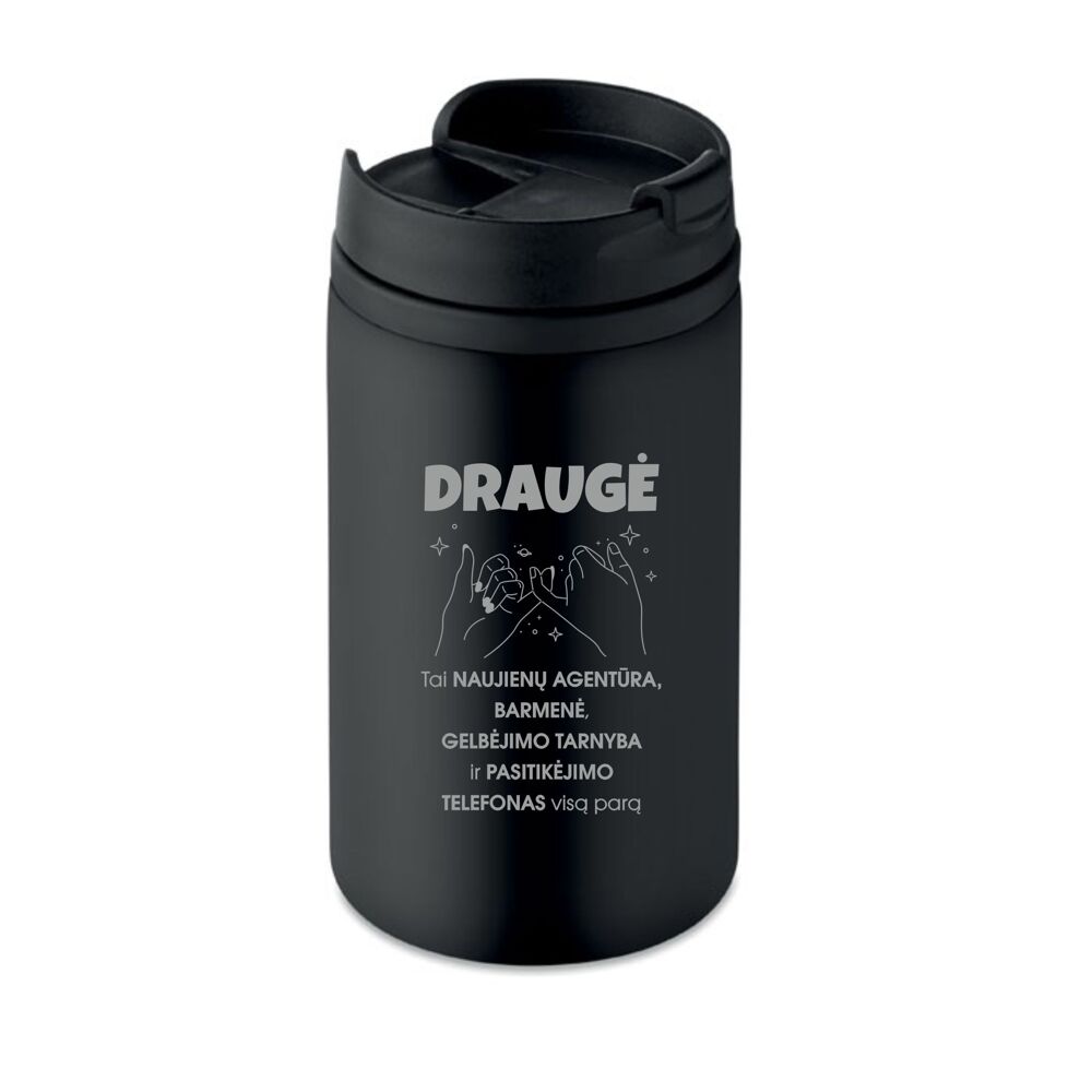 Juodas termo puodelis „Draugė-tai naujienų agentūra, barmenė...“