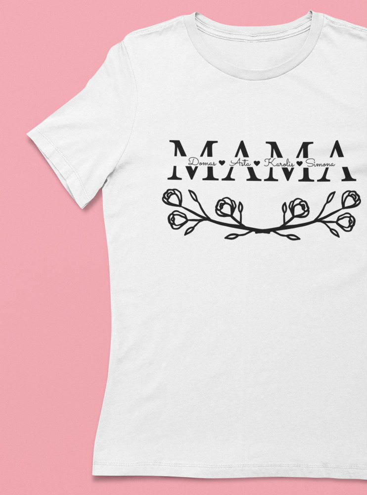 Moteriški marškinėliai „MAMA“ (Su jūsų pasirinktais vaikučių vardais)