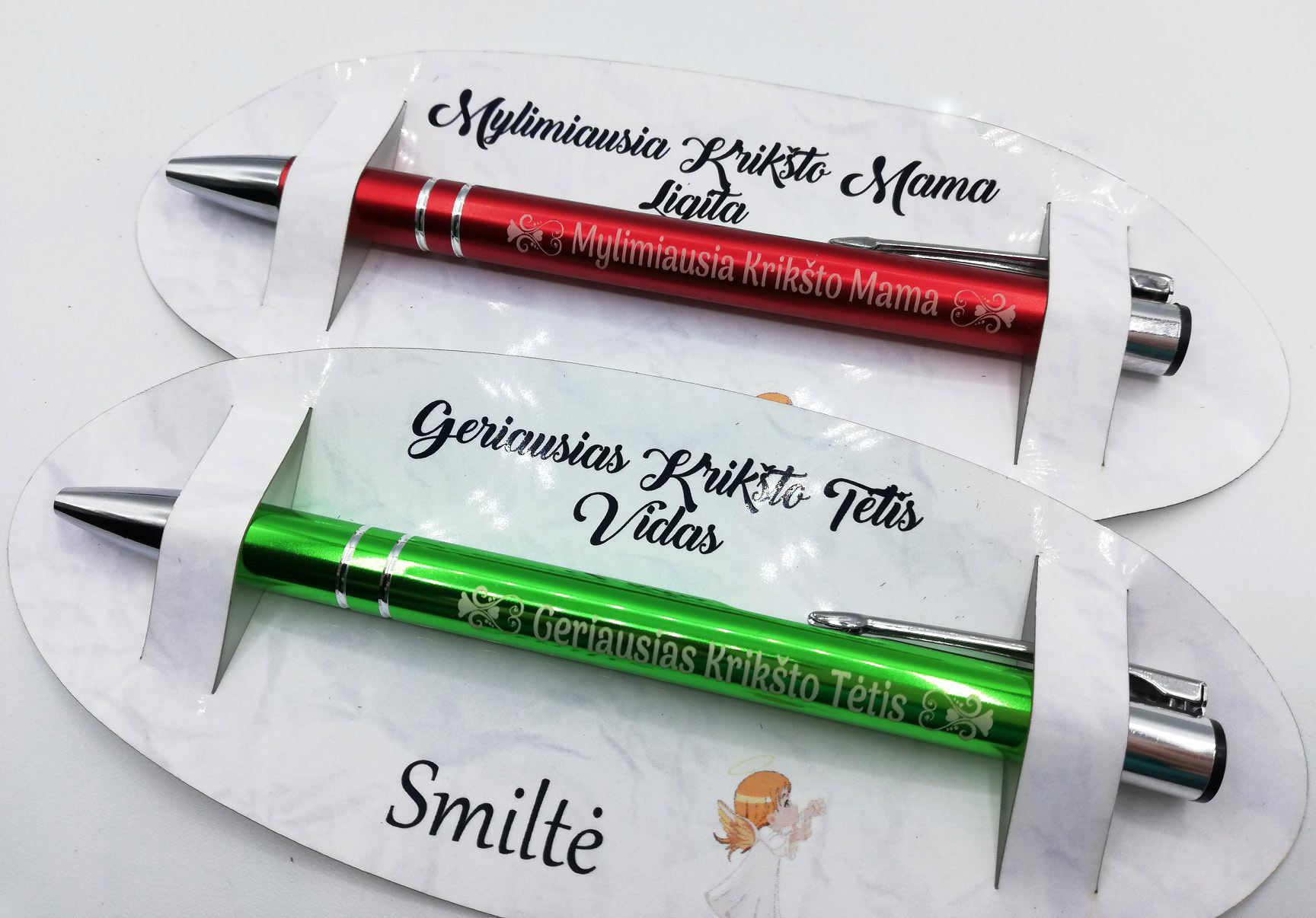 10vnt. Graviruotų tušinukų rinkinys Krikštynoms su plaketėmis