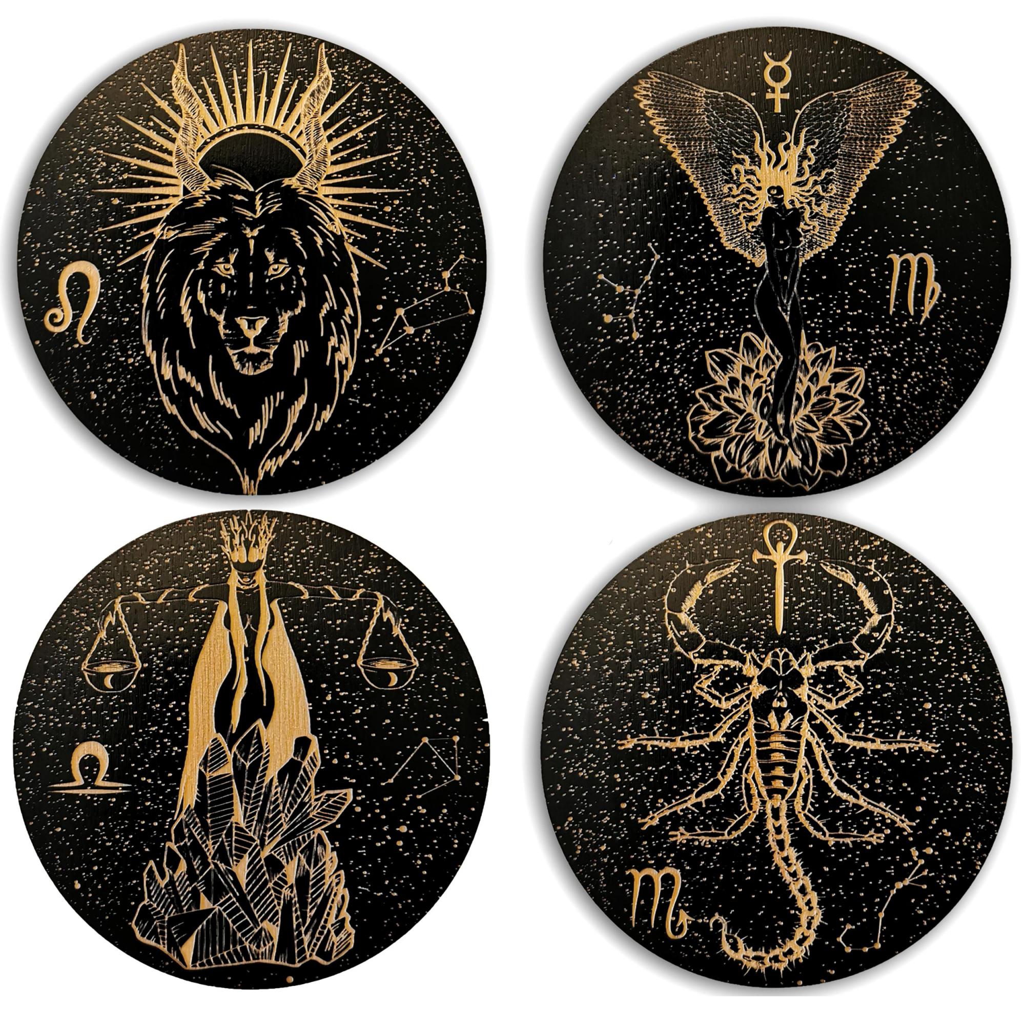 Medinių puodelių padėkliukų rinkinys „Zodiakas“ (4 – 12 vnt)