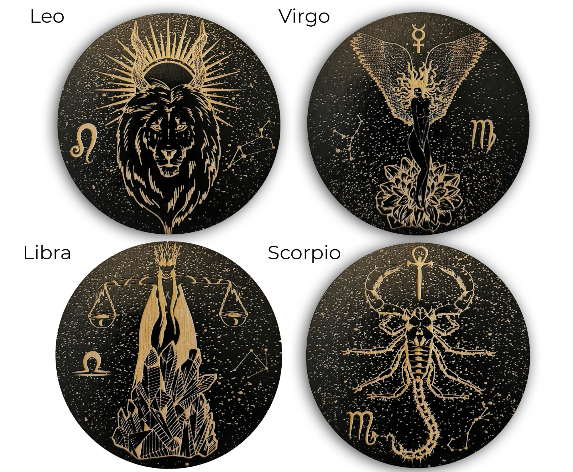 Medinių puodelių padėkliukų rinkinys „Zodiakas“ (4 – 12 vnt)