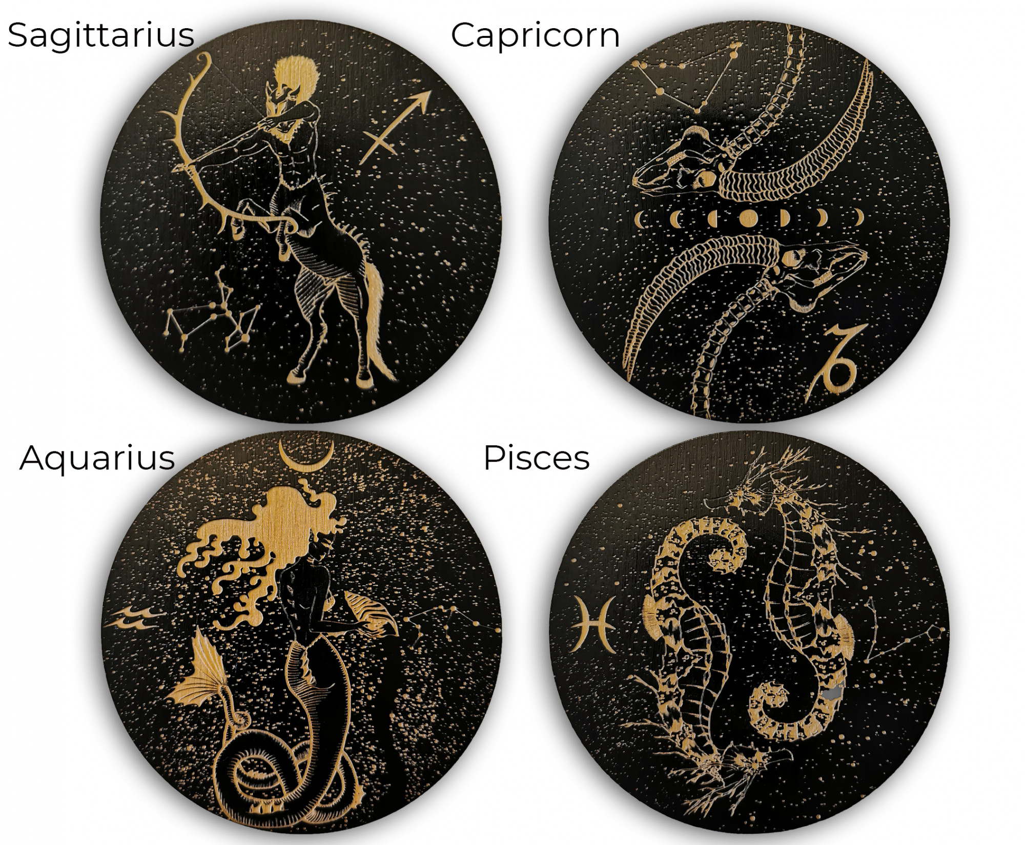 Medinių puodelių padėkliukų rinkinys „Zodiakas“ (4 – 12 vnt)
