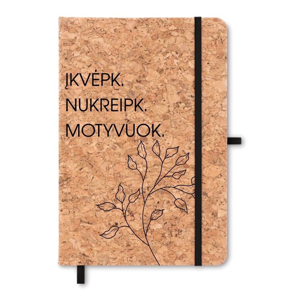 Užrašų knygutė kamštiniu viršeliu „Įkvėpk, nukreipk, motyvuok“