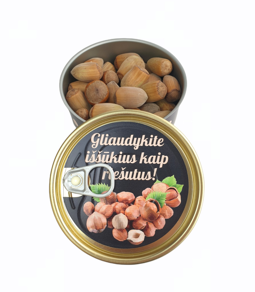 Dovana konservų skardinėje su lazdyno riešutais „Gliaudykite iššūkius kaip riešutus“