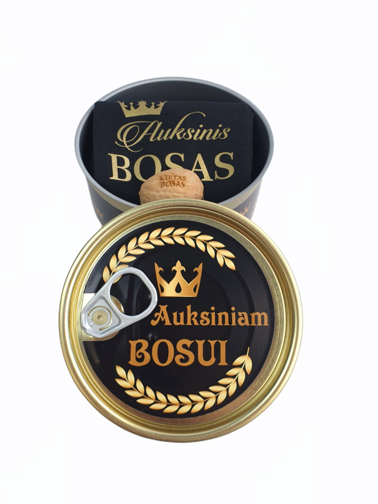 Dovana konservų skardinėje su graikiniu riešutu „Auksiniam Bosui“