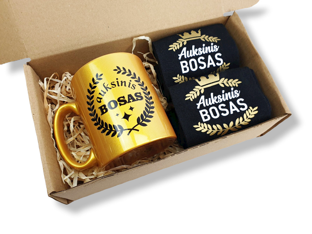Dovanų rinkinys su aukso spalvos puodeliu „Auksiniam Bosui“