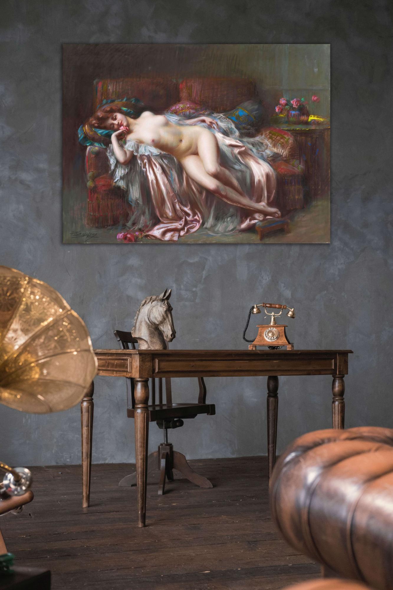 Reprodukcija „Gulinti nuoga dama su rože“, Delphin Enjolras