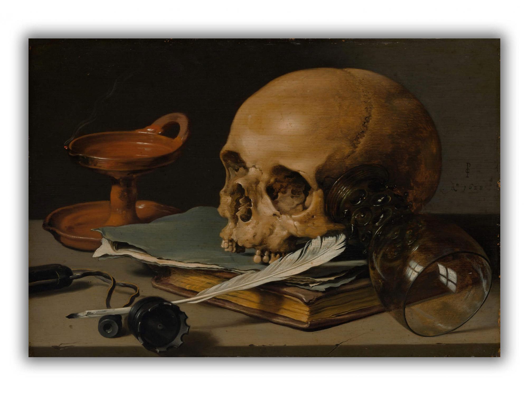 Reprodukcija „Natiurmortas su kaukole ir rašomąja plunksna“, Pieter Claesz, (1628)