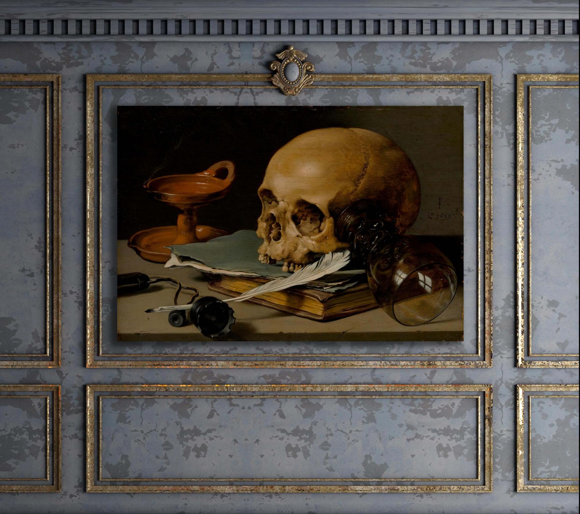 Reprodukcija „Natiurmortas su kaukole ir rašomąja plunksna“, Pieter Claesz, (1628)