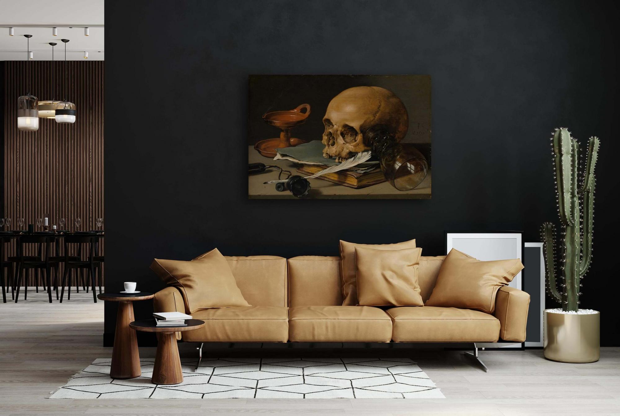 Reprodukcija „Natiurmortas su kaukole ir rašomąja plunksna“, Pieter Claesz, (1628)