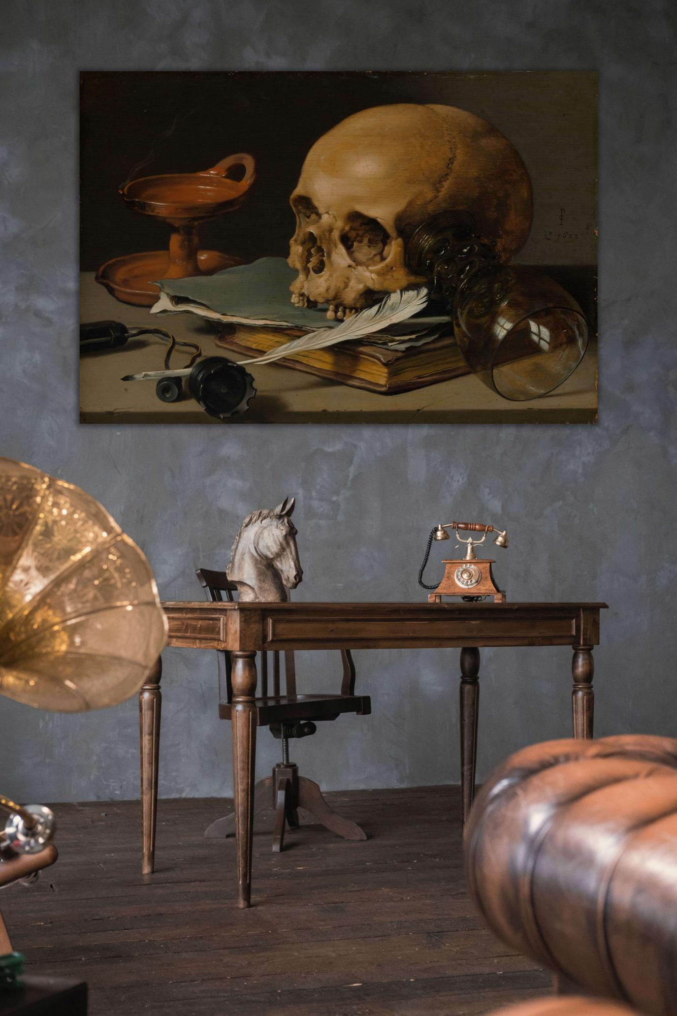 Reprodukcija „Natiurmortas su kaukole ir rašomąja plunksna“, Pieter Claesz, (1628)