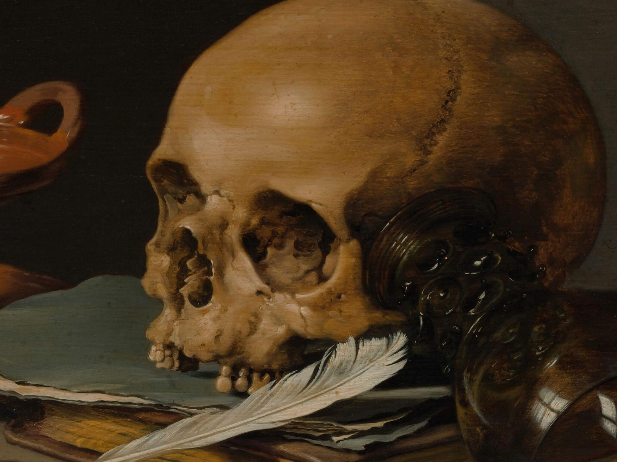 Reprodukcija „Natiurmortas su kaukole ir rašomąja plunksna“, Pieter Claesz, (1628)