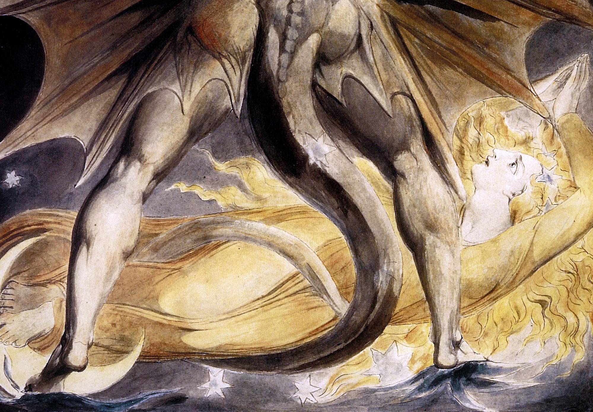 Reprodukcija „Didysis raudonasis drakonas ir moteris, vilkinti saule“, William Blake