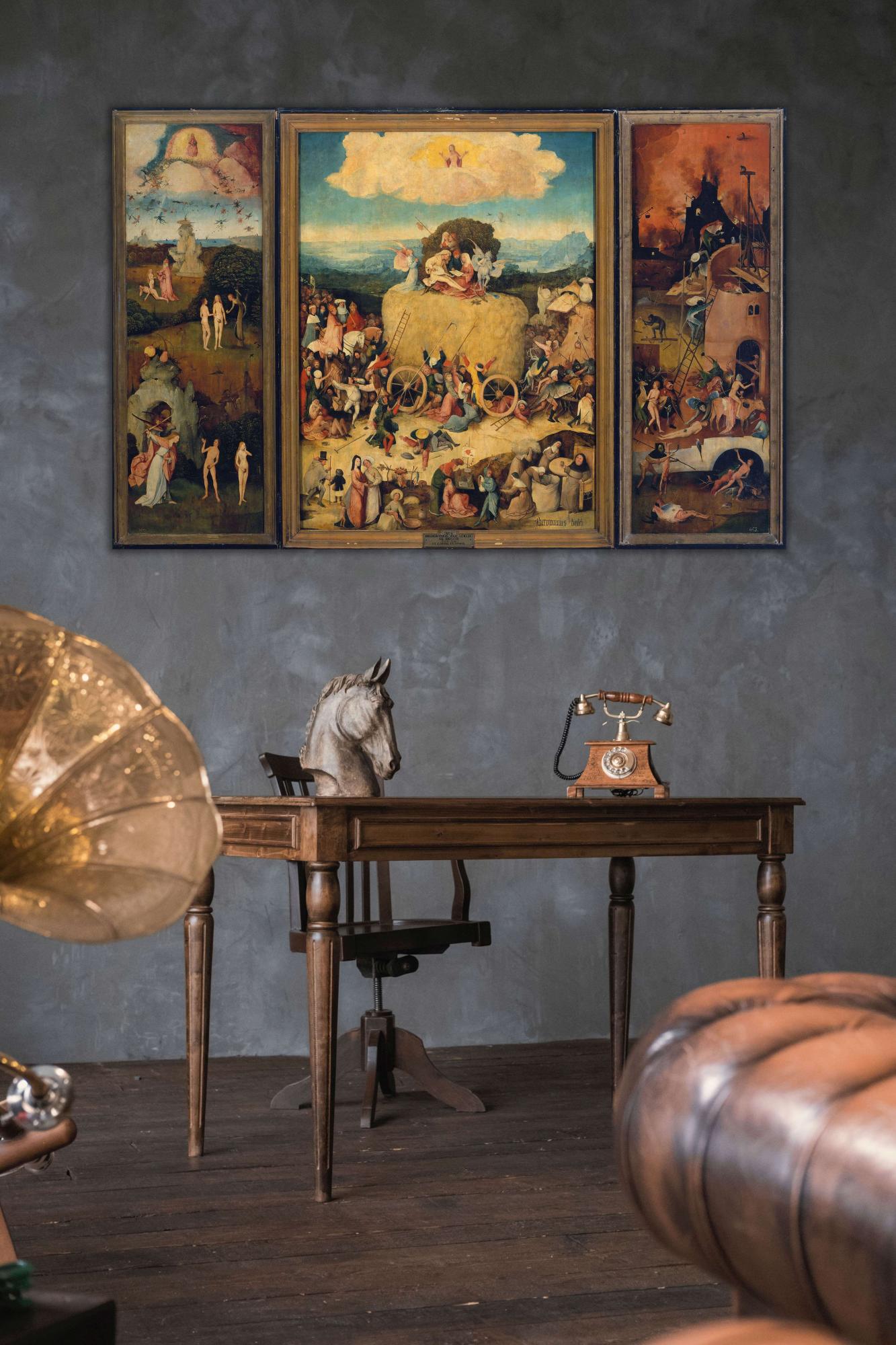 Reprodukcija „Šieno vežimo triptikas“, Hieronymus Bosch, (1516)