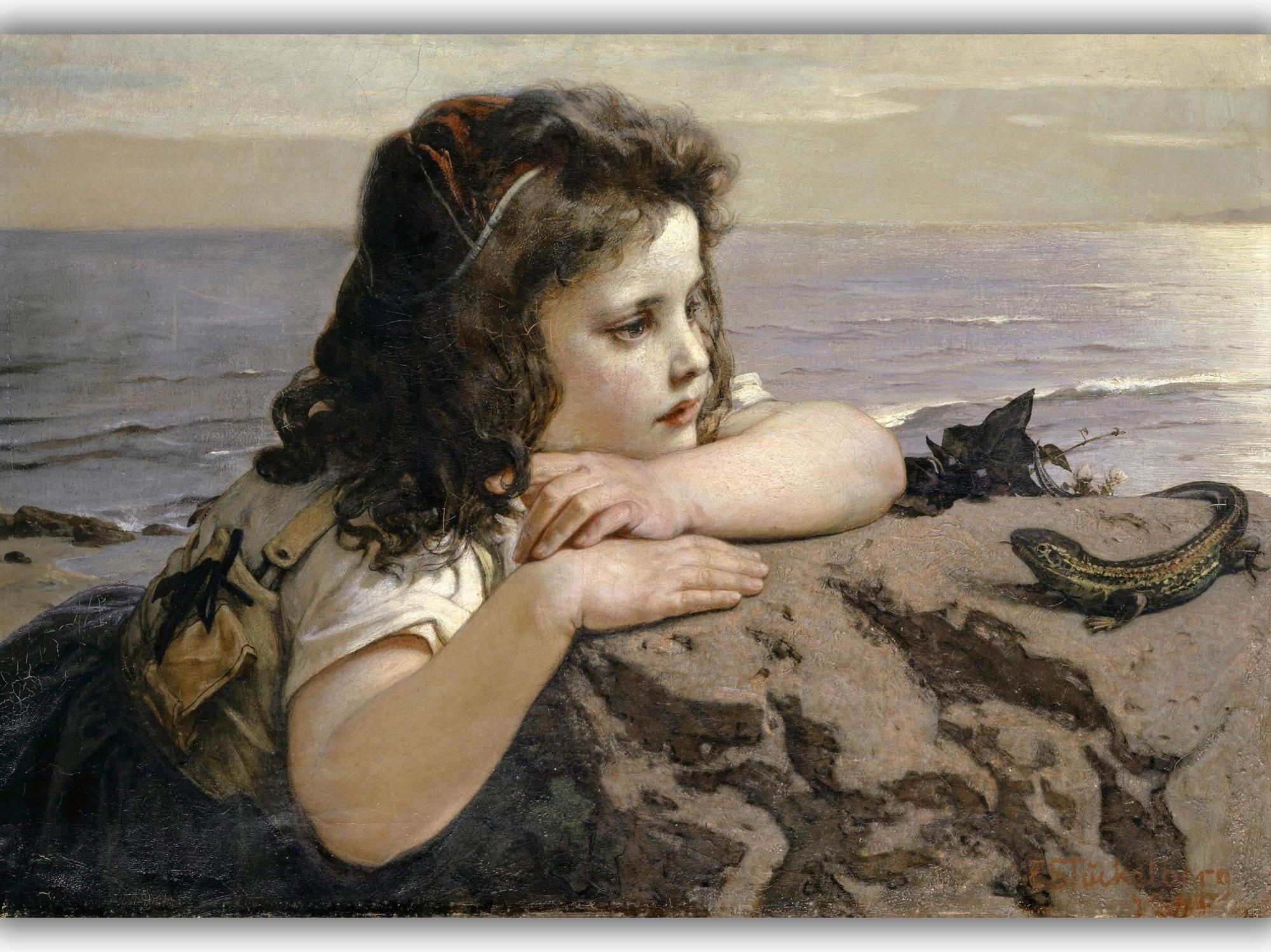 Reprodukcija „Mergaitė ir driežas“, Ernst Stückelberg, (1884)