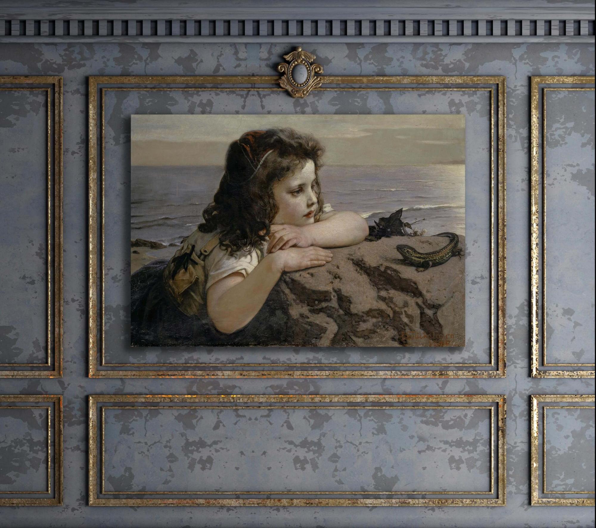 Reprodukcija „Mergaitė ir driežas“, Ernst Stückelberg, (1884)
