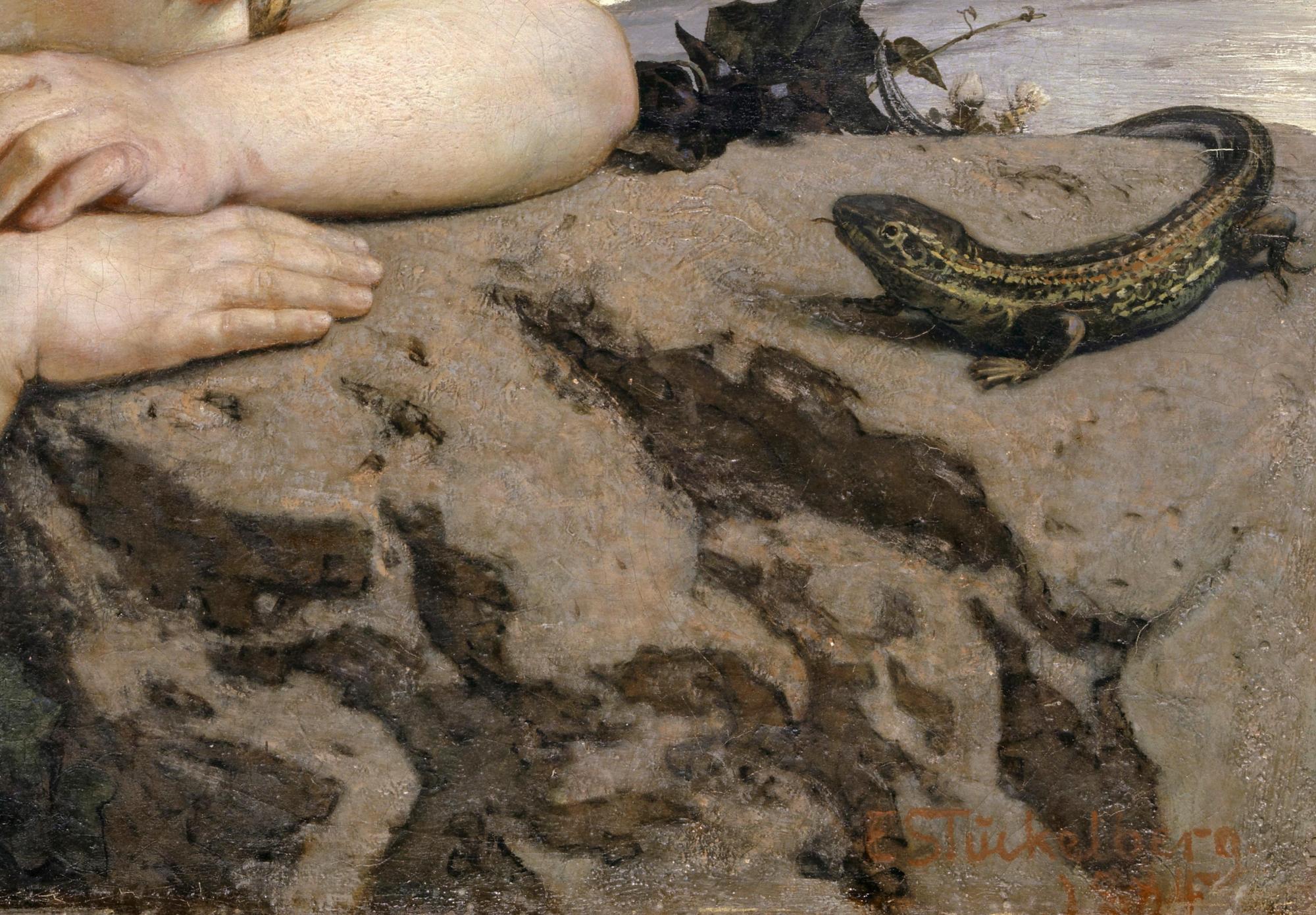 Reprodukcija „Mergaitė ir driežas“, Ernst Stückelberg, (1884)