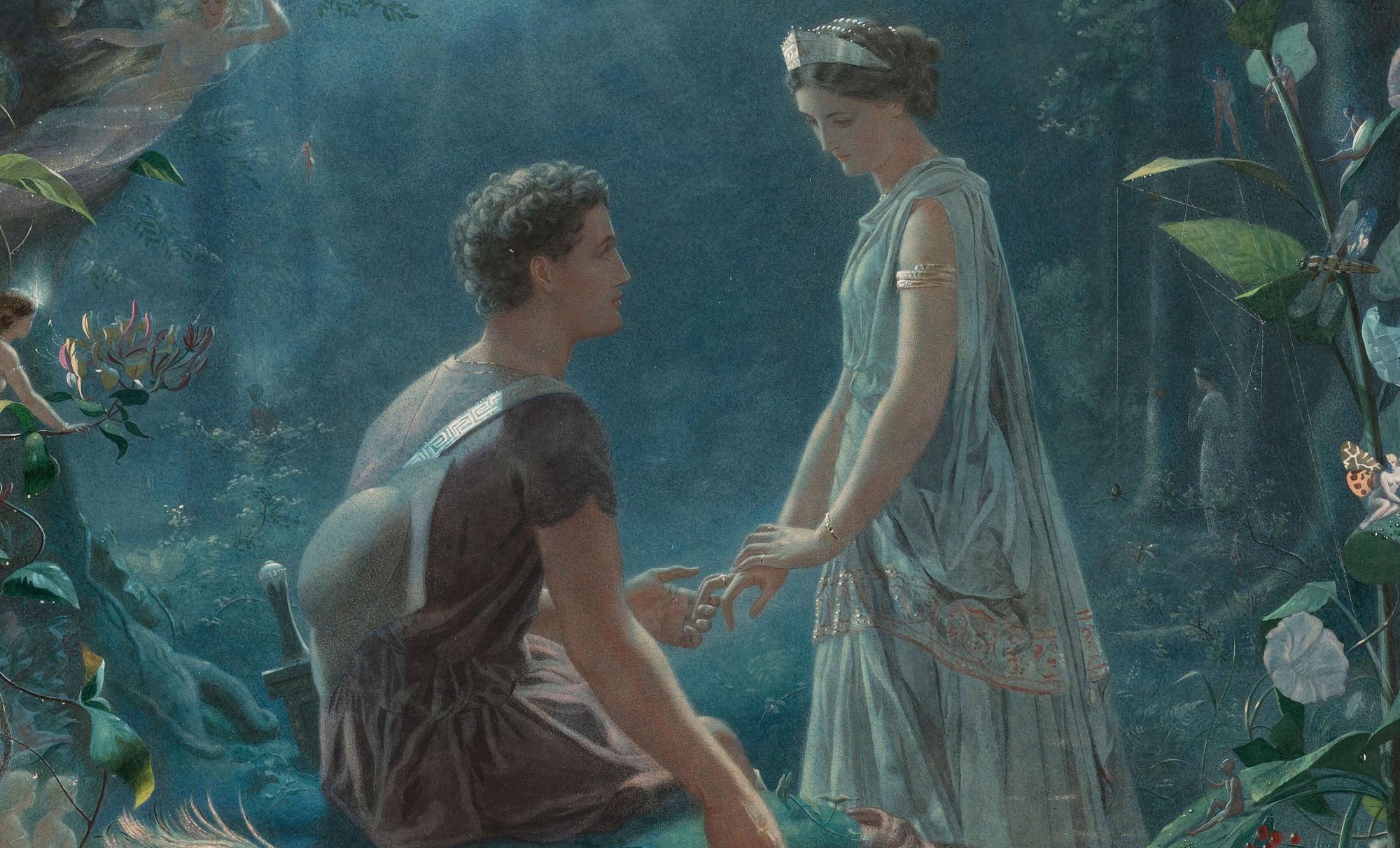 Reprodukcija „Hermija ir Lisandras Vasarvidžio nakties sapne“, John Simmons, (1870)