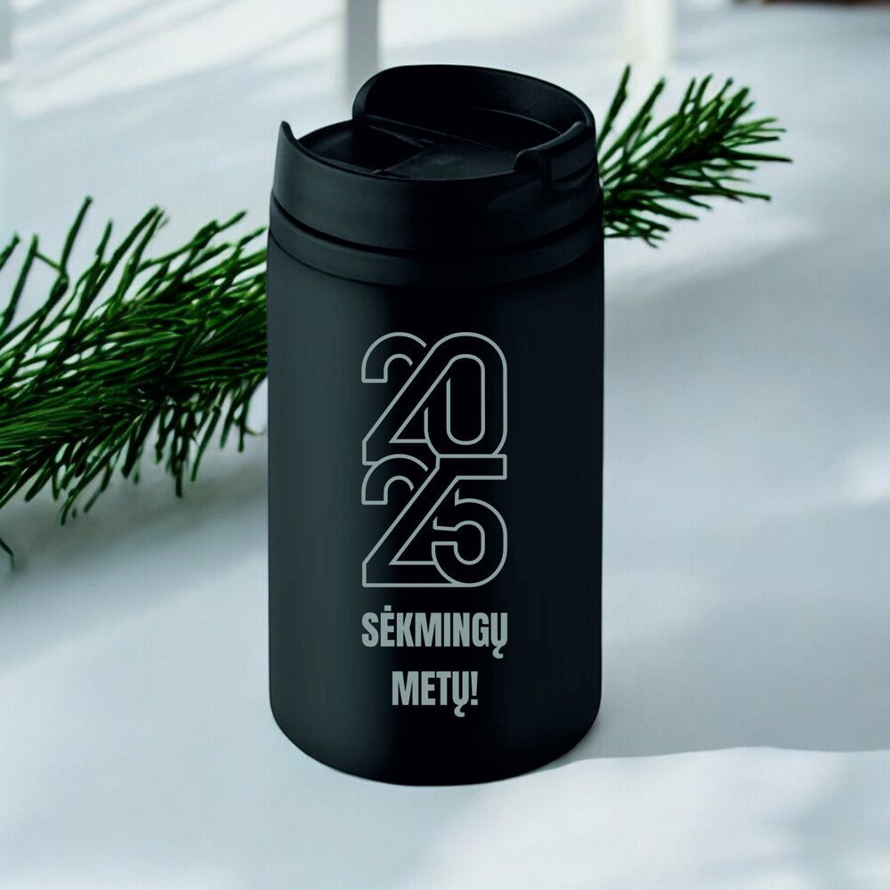 Juodas termo puodelis „2025 sėkmingų metų“