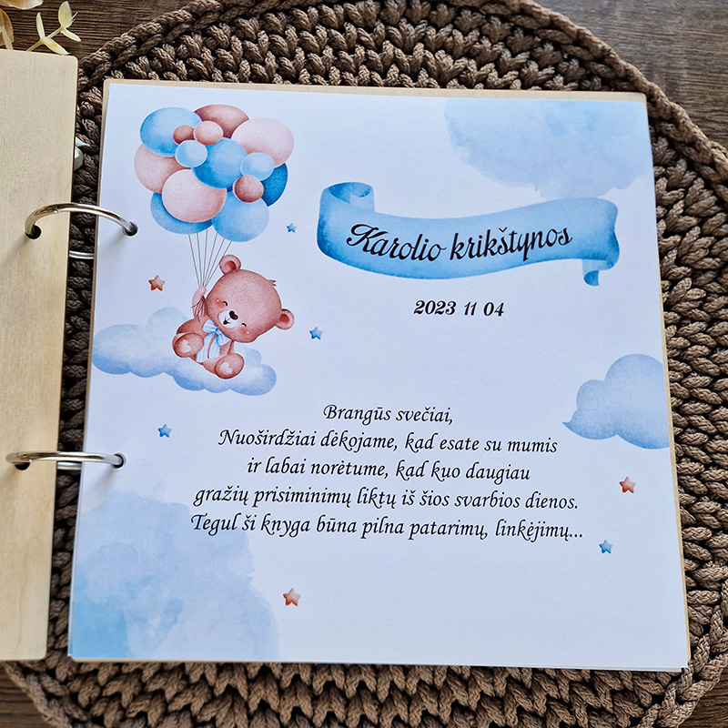 Palinkėjimų knyga berniuko krikštynoms „Meškiukas su balionais“