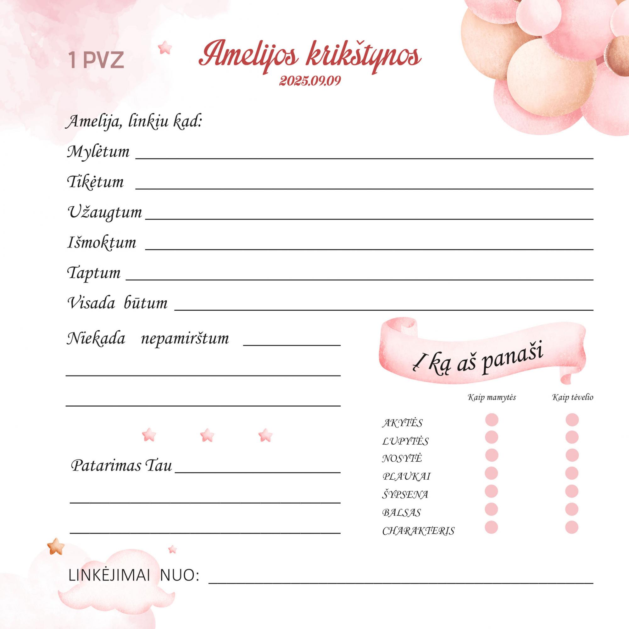 Palinkėjimų knyga mergaitės krikštynoms „Meškiukas su balionais“