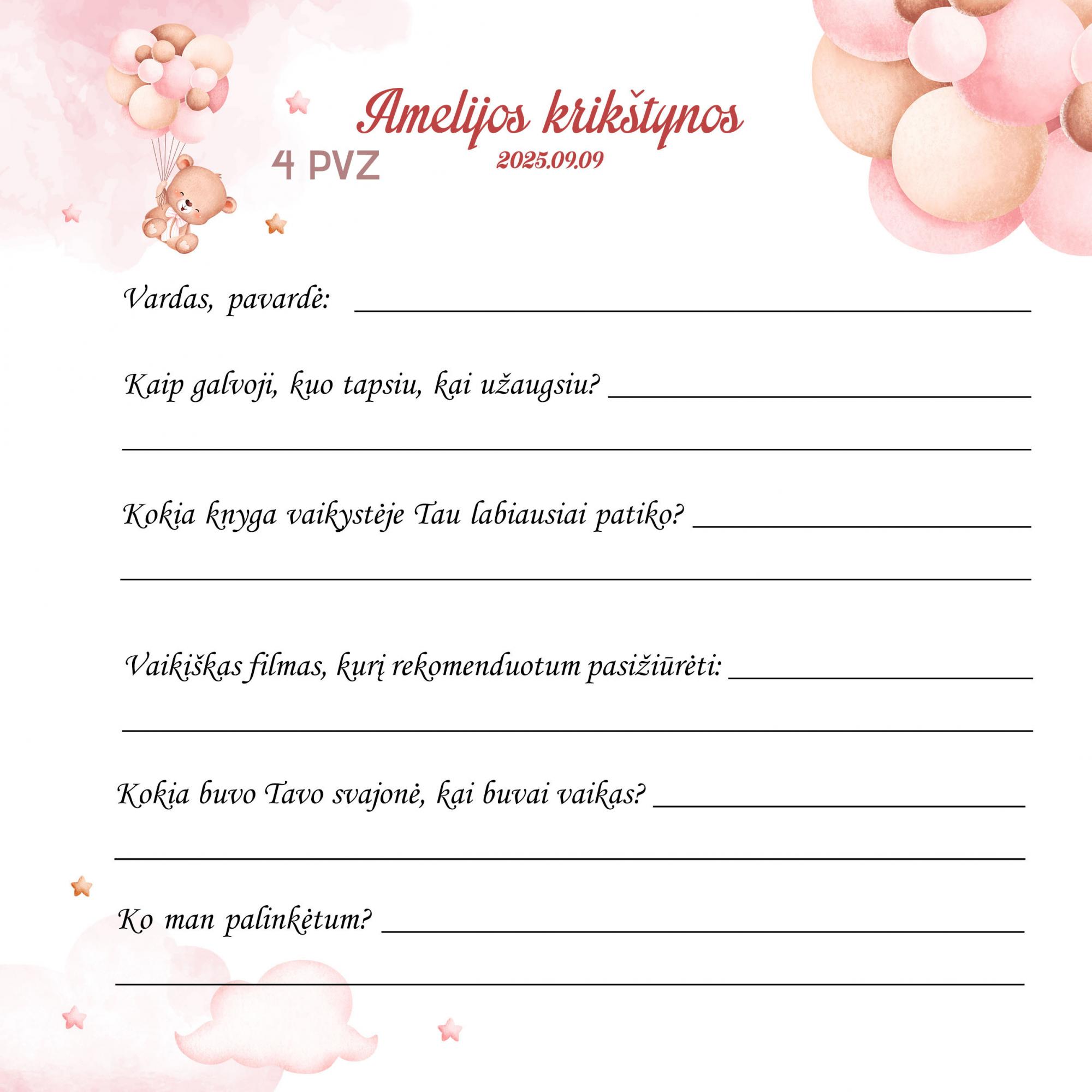 Palinkėjimų knyga mergaitės krikštynoms „Meškiukas su balionais“